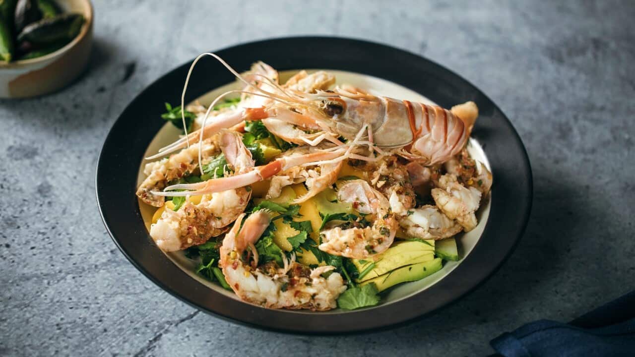 Finger lime scampi salad