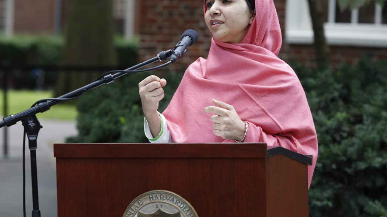 Malala Yousafzai during a news conference on the Harvard University