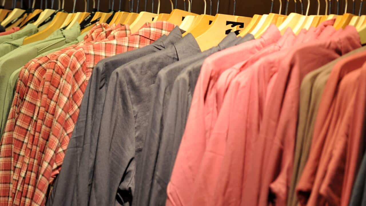 Clothing items in a surf clothing store