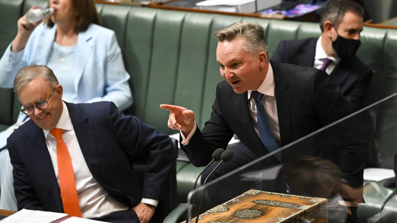 Chris Bowen pointing his finger while making a speech.
