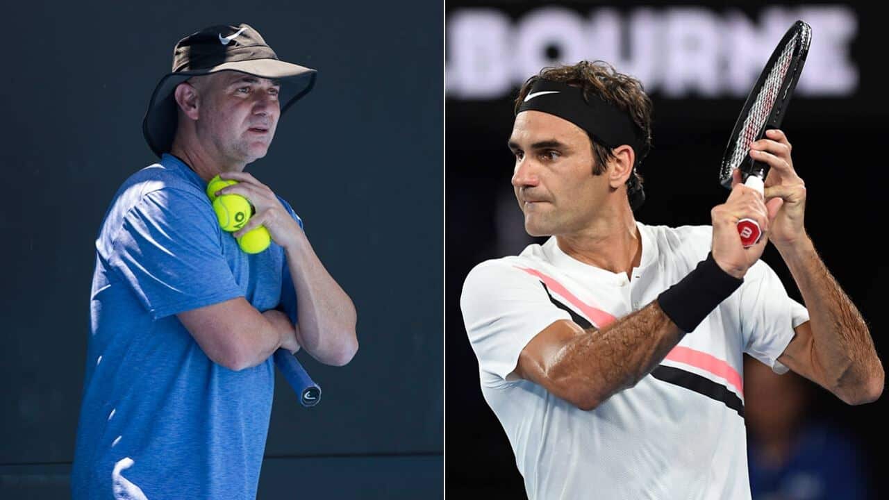 Roger Federer (R) and Andre Agassi (L).