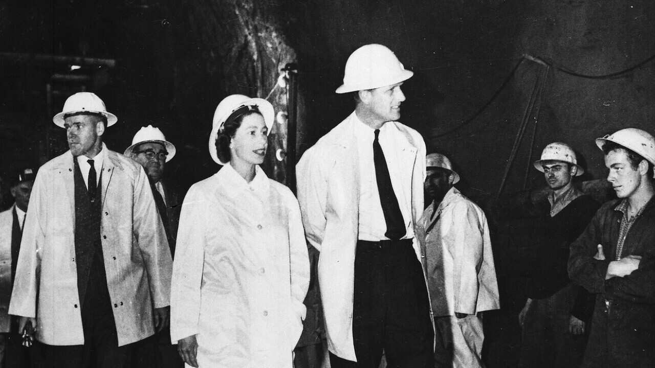 The Queen and Prince Philip visit a Snowy Hydro tunnel under construction in 1963 (AAP)