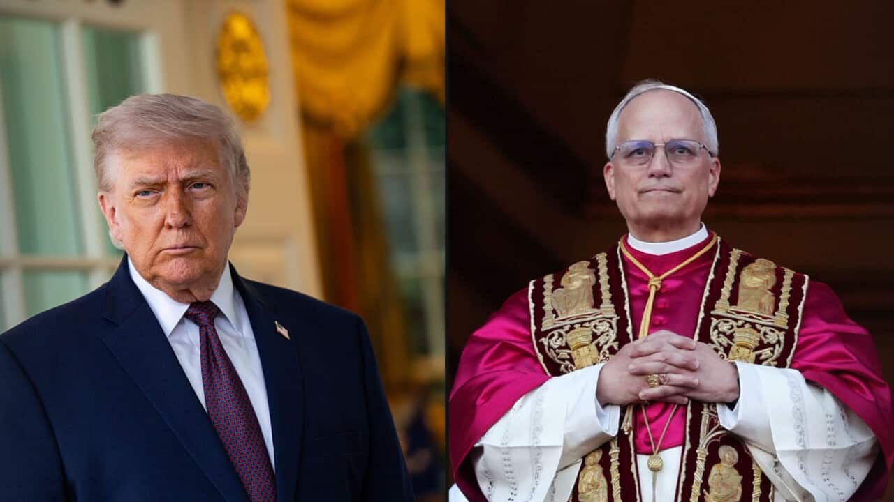 A two-way header image of US President Donald Trump (left) and Pope Leo XIV (right).