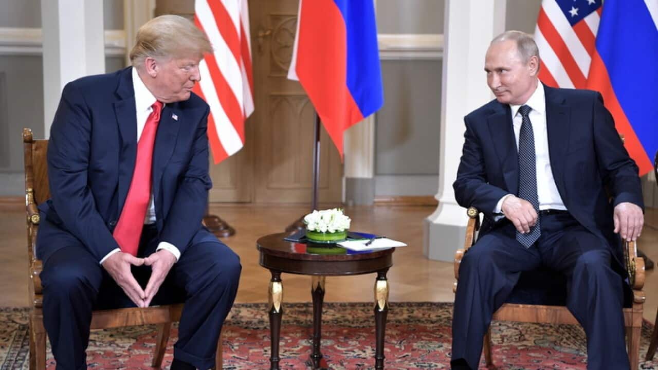 epa06892839 Russian President Vladimir Putin (R) and US President Donald J. Trump (L) during their meeting at the Presidential Palace in Helsinki, Finland, 16 July 2018. EPA/ALEXEY NIKOLSKY/SPUTNIK/KREMLIN / POOL MANDATORY CREDIT