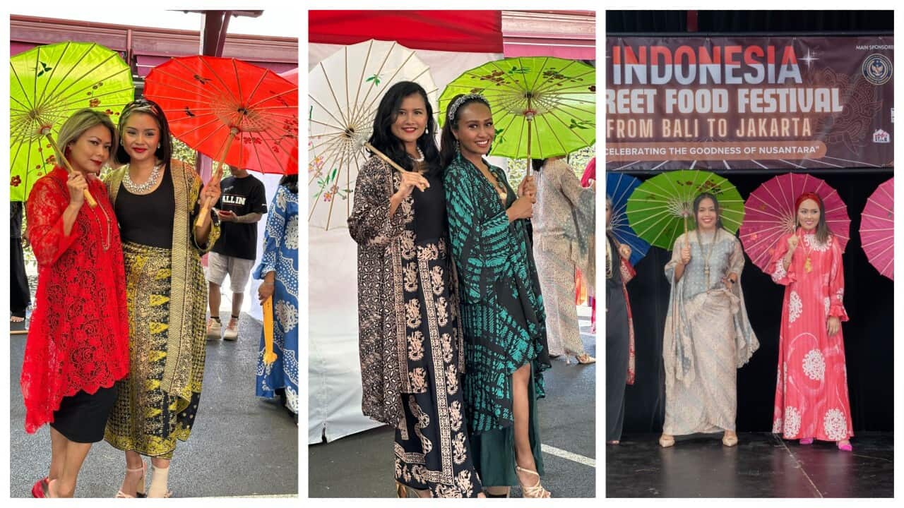 Indonesian models showcasing batik design at fashion show sessions at the Indonesian Street Food Festival: From Bali to Jakarta, Melbourne 16 – 17 Mar 2024. Windy – middle photo with green umbrella. Photos courtesy: Iin West.