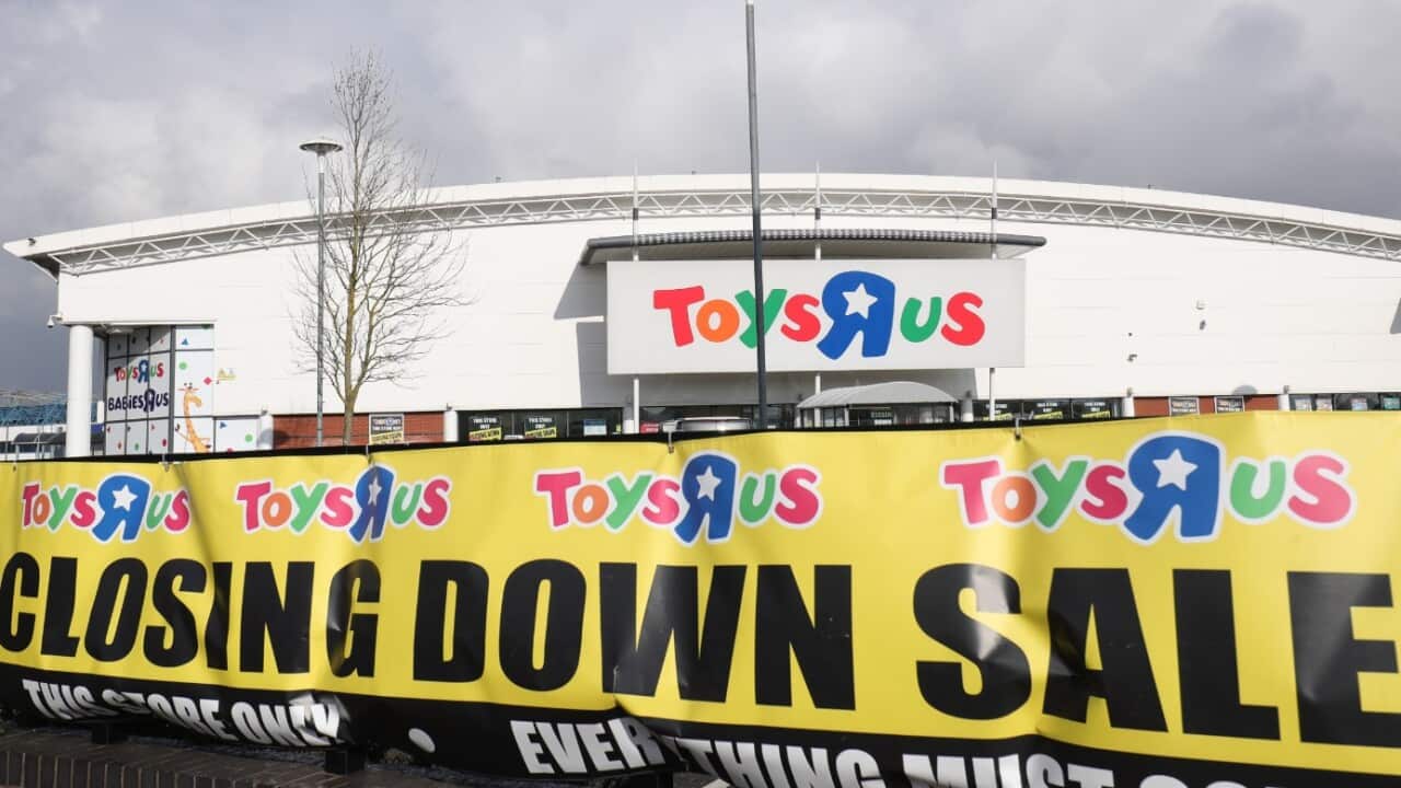 In this Feb. 27, 2018 file photo, a branch of Toys R Us at St Andrews retail park in Birmingham, England, displays a closing down sale banner.