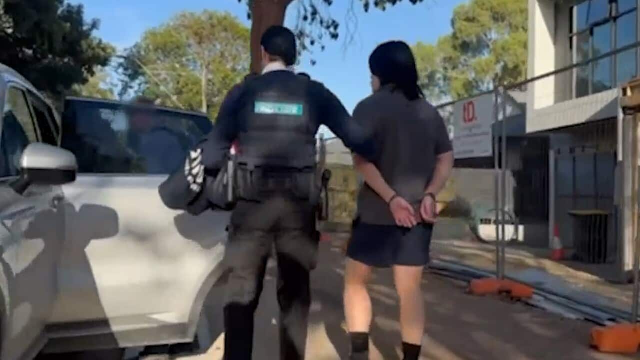 An Australian Federal Police officer escorts a handcuffed individual toward a silver SUV parked on a suburban street near a construction site.
