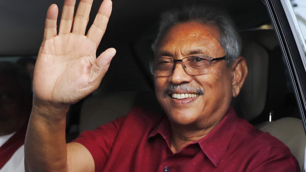 In this 2019 file photo, Sri Lanka's president elect Gotabaya Rajapaksa waves to supporters as he leaves the election commission after the announcement of his victory in Colombo, Sri Lanka on 17 November.