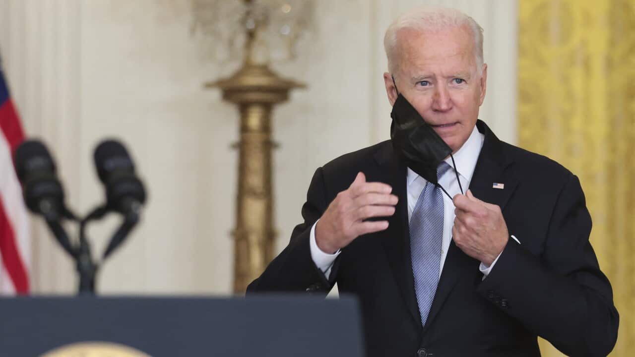 President Joe Biden arrives to deliver remarks on Afghanistan in the East Room of The White House in Washington, DC on August 16, 2021. (Photo by Oliver Contreras/Pool/ABACAPRESS.COM).