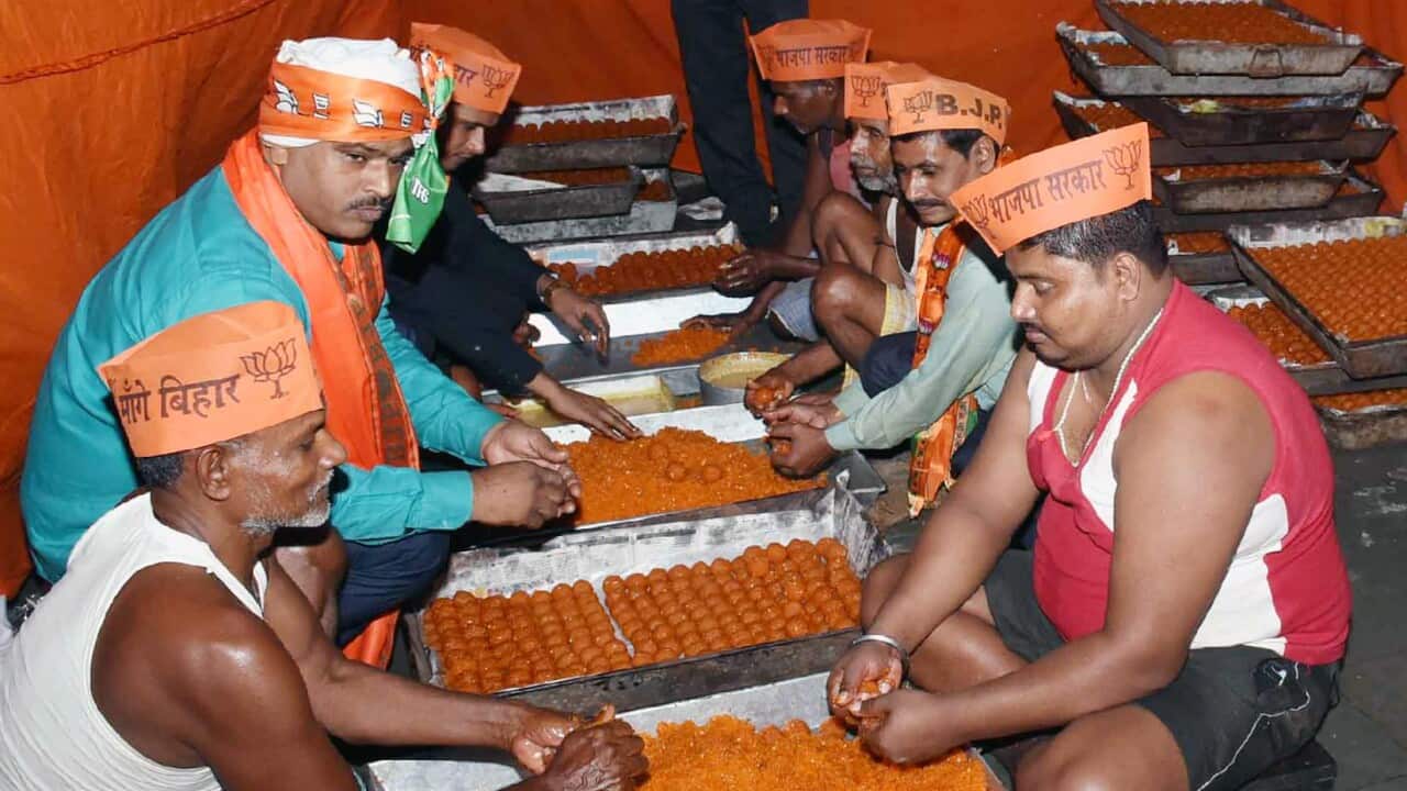 BJP workers in Patna Sahib constituency prepare sweets for distribution, ahead of the counting for Bihar Assembly Elections,