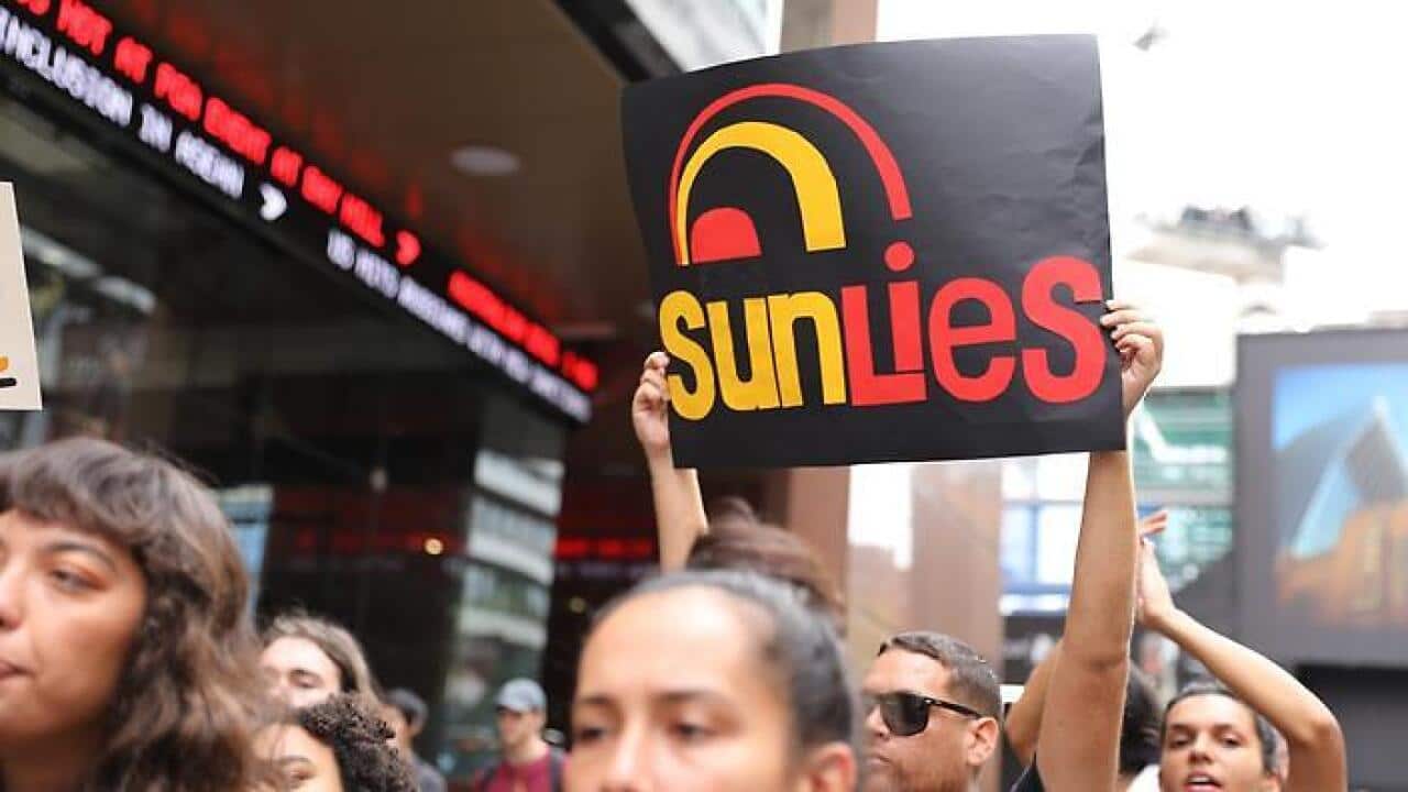 Protesters rally outside Channel 7 studios Sydney to protest against Channel 7 breakfast show "Sunrise" Aboriginal adoption segment.