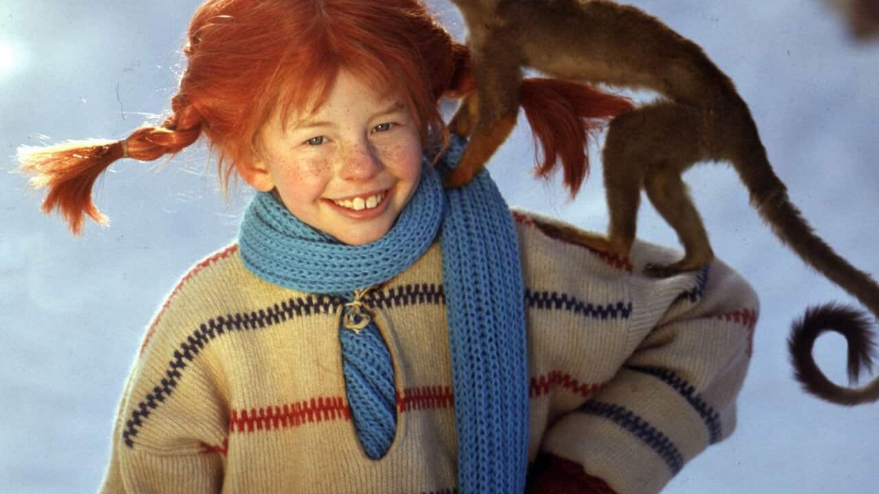 Inger Nilsson as Pippi Longstocking, with her monkey "Mr Nilsson" on her shoulder, 1968.
