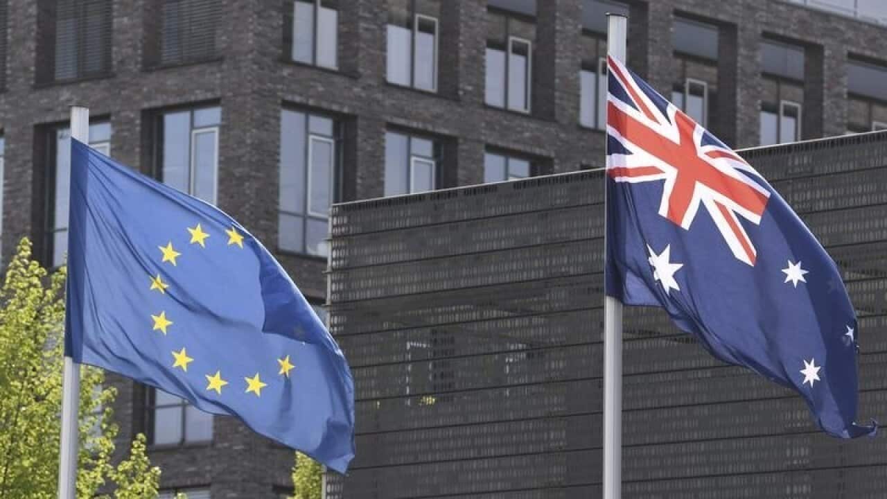 The Australian flag and the flag of the European Union