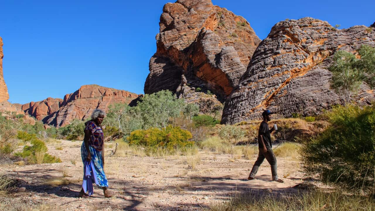 an older woman and a younger man walk in the green scrub of a national park, large grey and red sandstone formations rising behind them