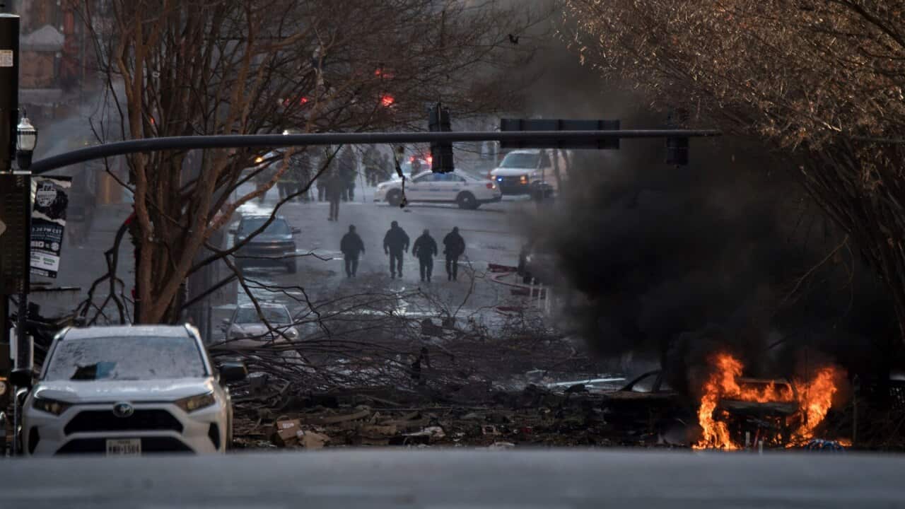 A vehicle is on fire after an explosion in the area of Second and Commerce in Nashville