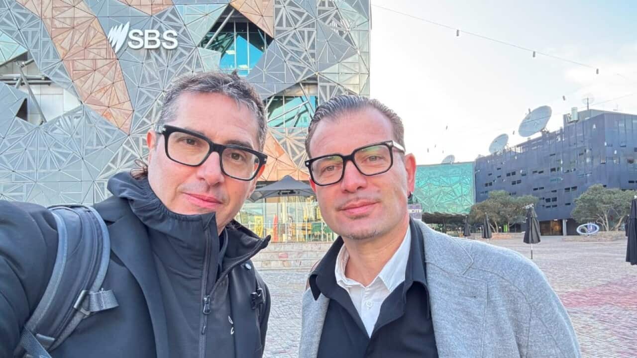 Michele Bandini e Malcom Angelucci in Federation Square, Melbourne.