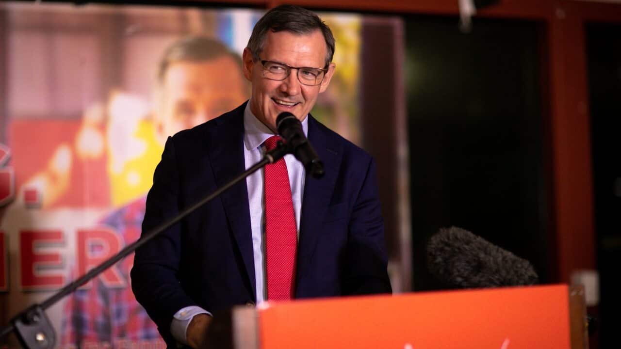 NT Chief Minister Michael Gunner addresses supporters at Labor's election headquarters in Darwin.