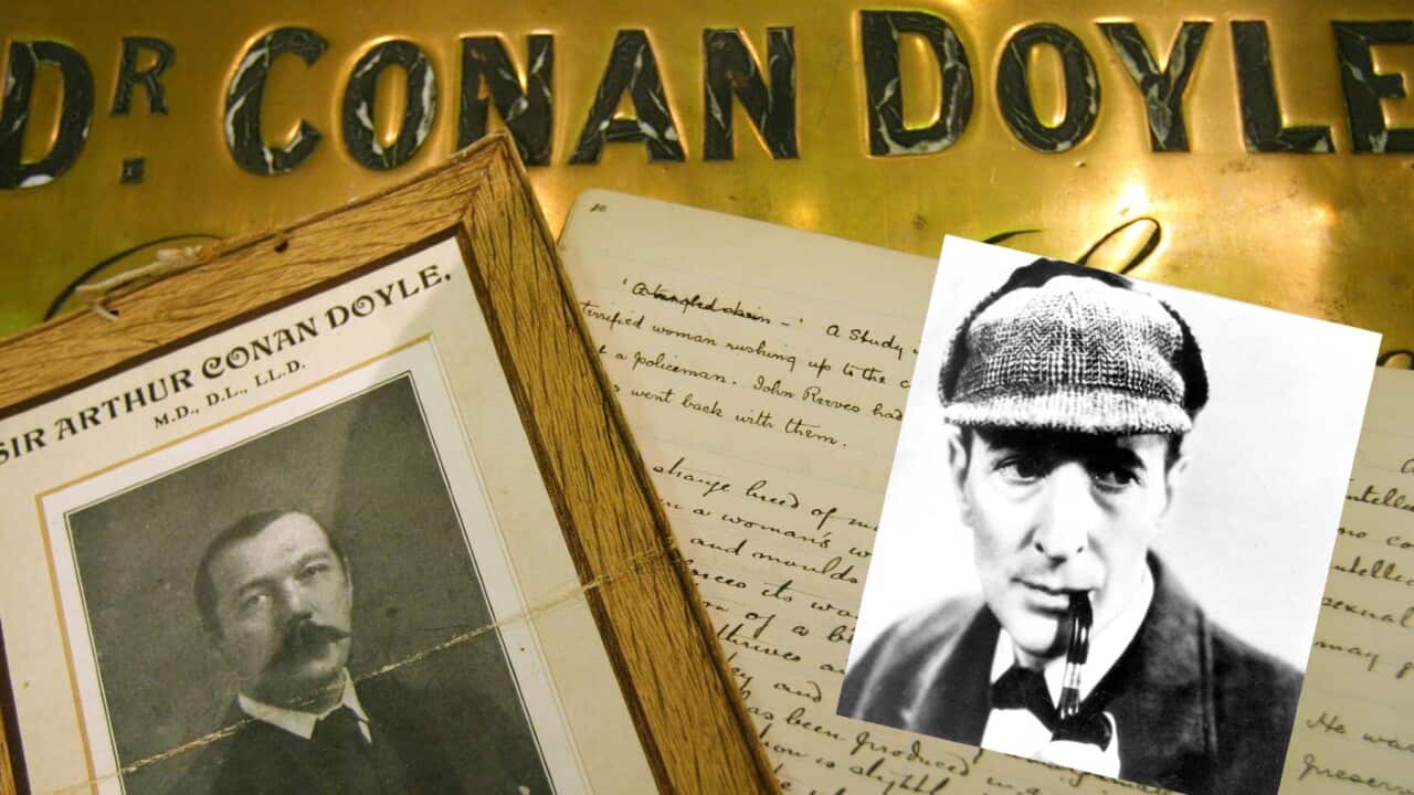 Three of some 3,000 artifacts that belonged to Sir Arthur Conan Doyle are on view at Christie's auction house in London Thursday May 13, 2004, and a photo of British actor ARTHUR WONTNER who played Sherlock Holmes in several British films
