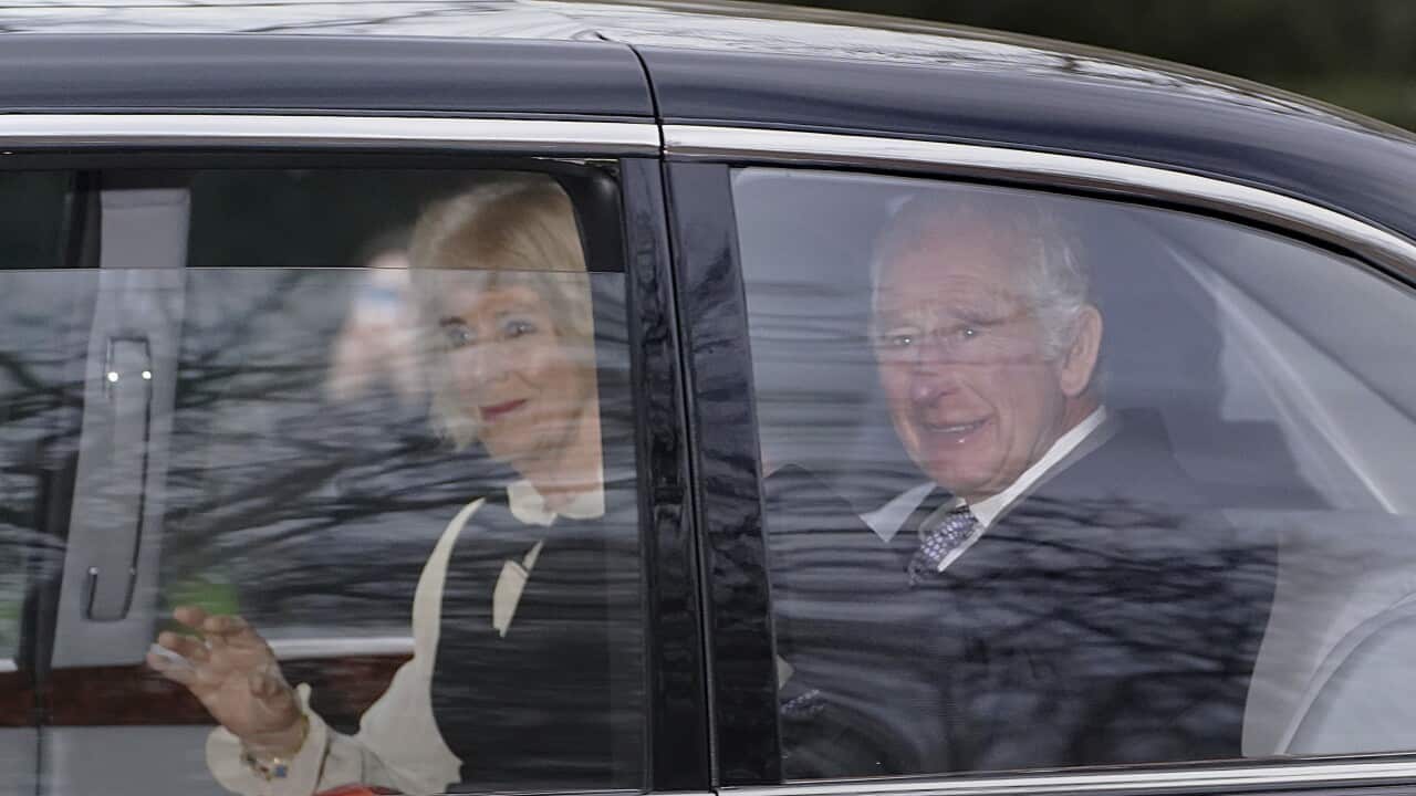 King Charles III and Queen Camilla leave Clarence House in London, Tuesday Feb. 6, 2024.
