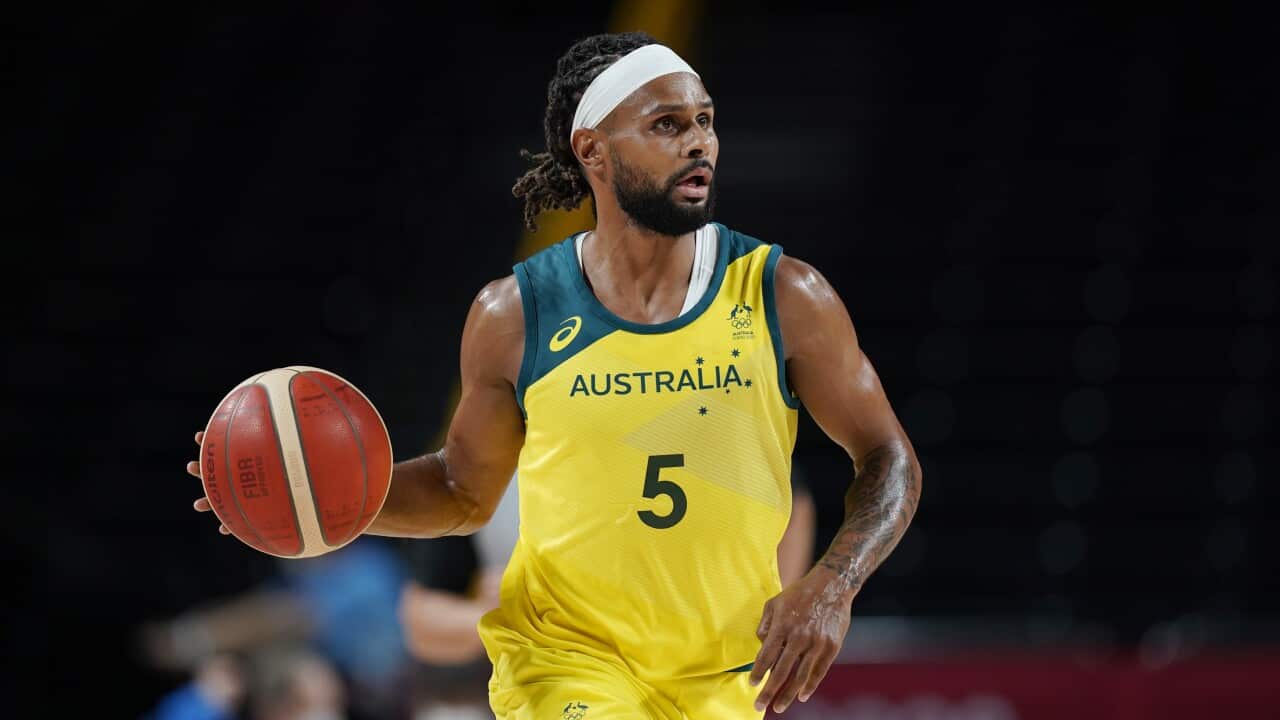 Australia's Patty Mills (5) during a men's basketball preliminary round game against Germany at the 2020 Summer Olympics, Saturday, July 31, 2021, in Saitama, Japan. (AP Photo/Eric Gay)
