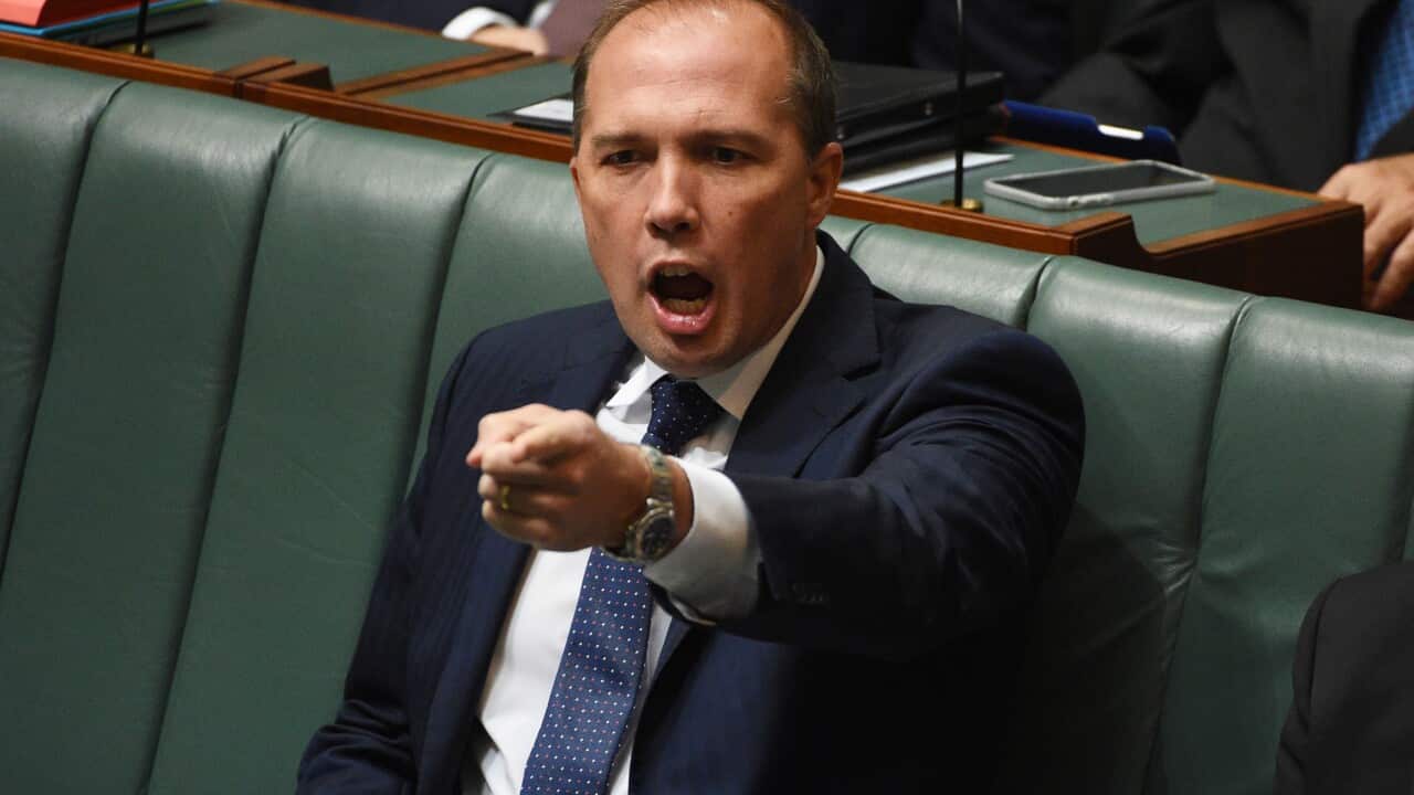 Federal Minister for Immigration Peter Dutton during question time in the House of Representatives at Parliament House in Canberra, Wednesday, May 27, 2015. (AAP Image/Mick Tsikas) NO ARCHIVING