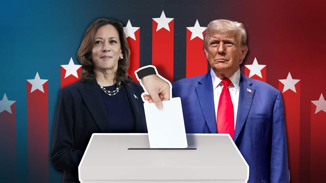 A graphic image showing Kamala Harris and Donald Trump in the mid-ground, stars in the background, and a hand casting a ballot paper in the foreground.