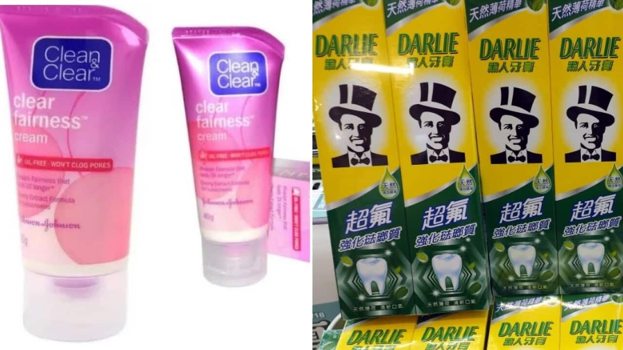 Johnson & Johnson's Clean & Clear Fairness cream (L) and Colgate's Chinese toothpaste brand "Darlie".