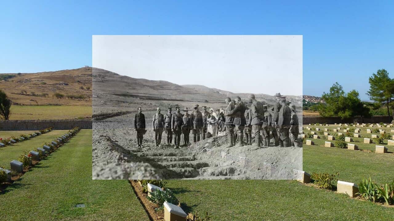Funeral at Portianos CWG 1915 Then & Now (AW Savage, Cheryl Ward, Bernard De Broglio. State Library of NSW).jpg