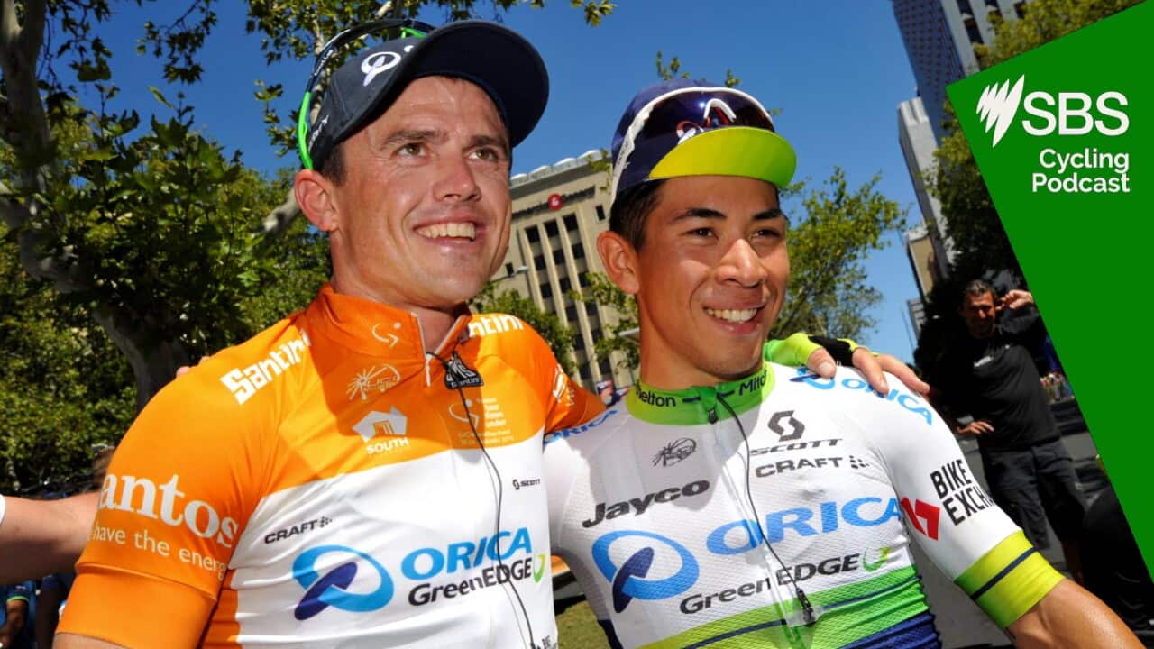 Australia's Simon Gerrans (L) and Caleb Ewan from the Orica Greenedge team smile after stage six of the Tour Down Under cycling race in Adelaide on January 24, 2016. AFP PHOTO / DAVID MARIUZ