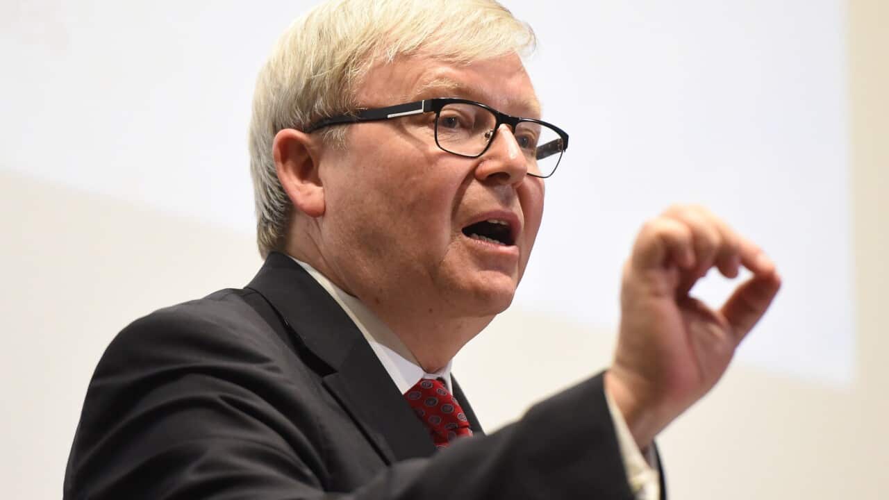 Former Australian Prime Minister Kevin Rudd delivers the 2015 Reconciliation Lecture at The Australian National University (ANU) in Canberra, Wednesday, Nov. 11, 2015.(AAP Image/Dean Lewins) NO ARCHIVING