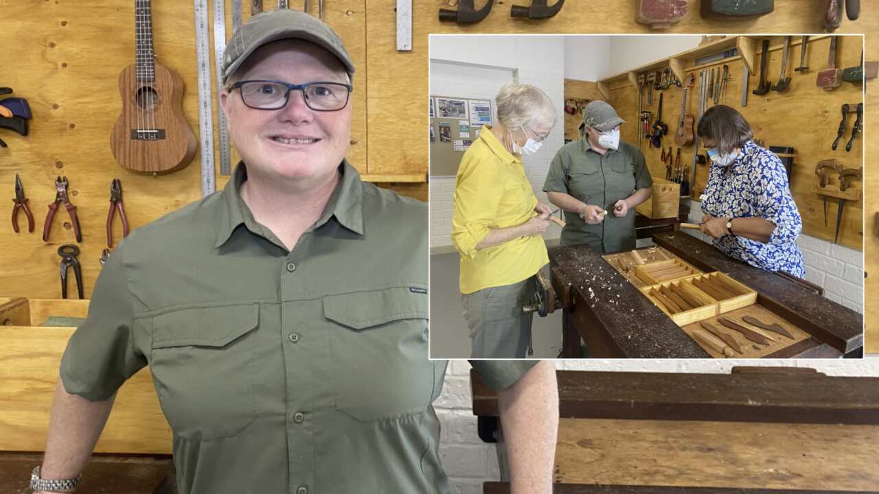 Leslie Ray, Western Australia women's shed woodwork volunteer, standing in front of a wall on which hang woodworking tools, and an inset of women participants.