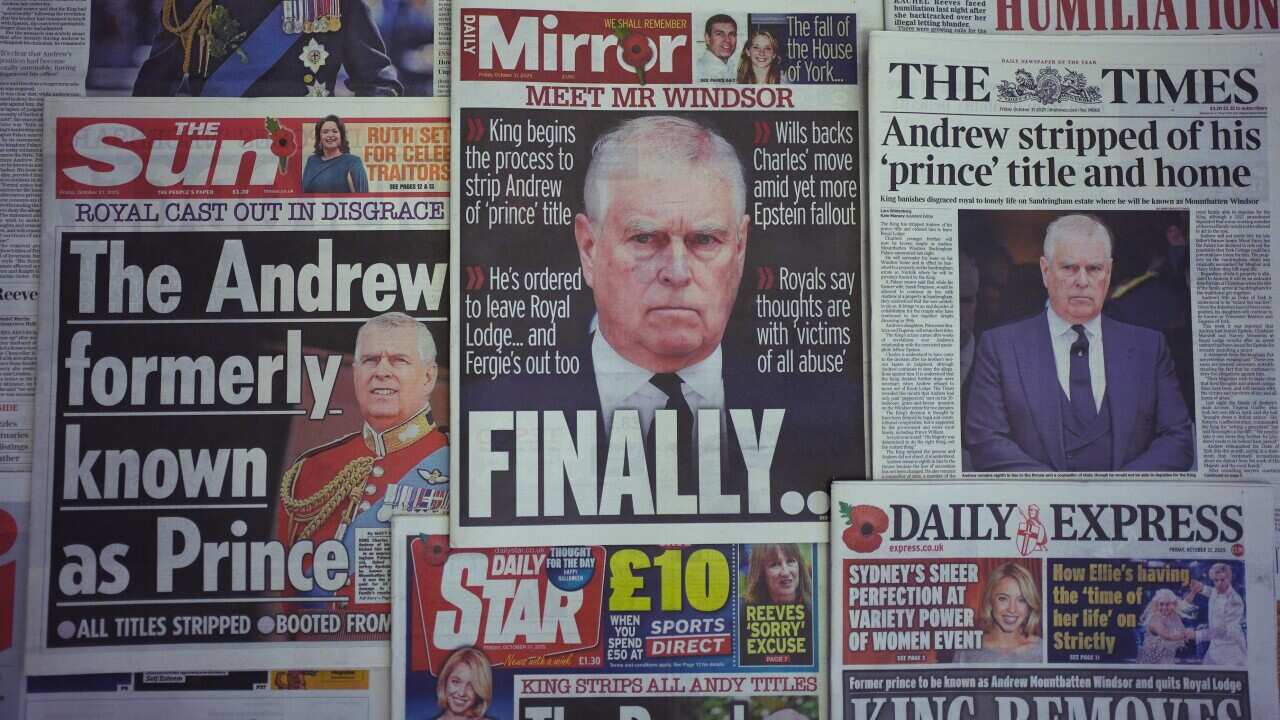 The front pages of national newspapers on display in London showing Andrew Mountbatten Windsor on Friday October 31, 2025.