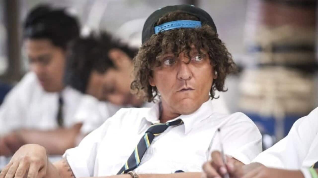 Chris Lilley in brownface depicting Tongan character Jonah Takalua.