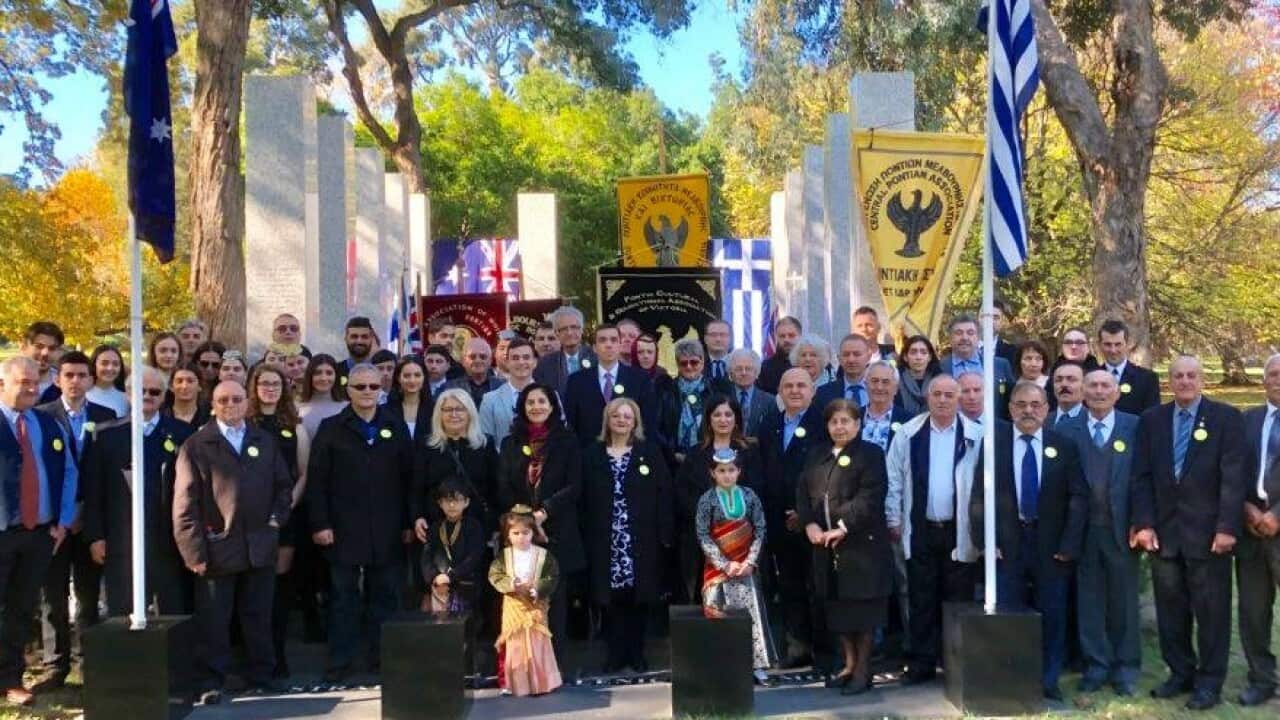 Pontian Community of Melbourne representatives, dignitaries and community members at Melbourne's Shrineof Remembrance