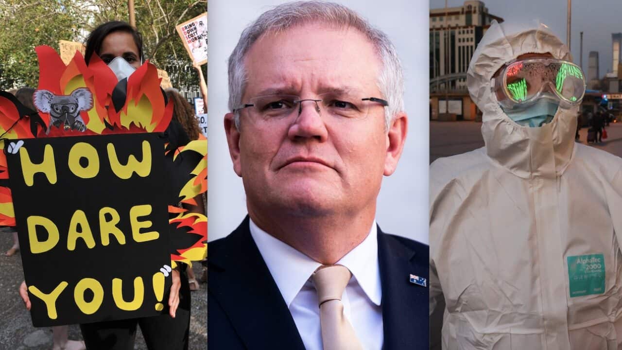 A climate protester, Scott Morrison, and a person protecting themselves from COVID-19.
