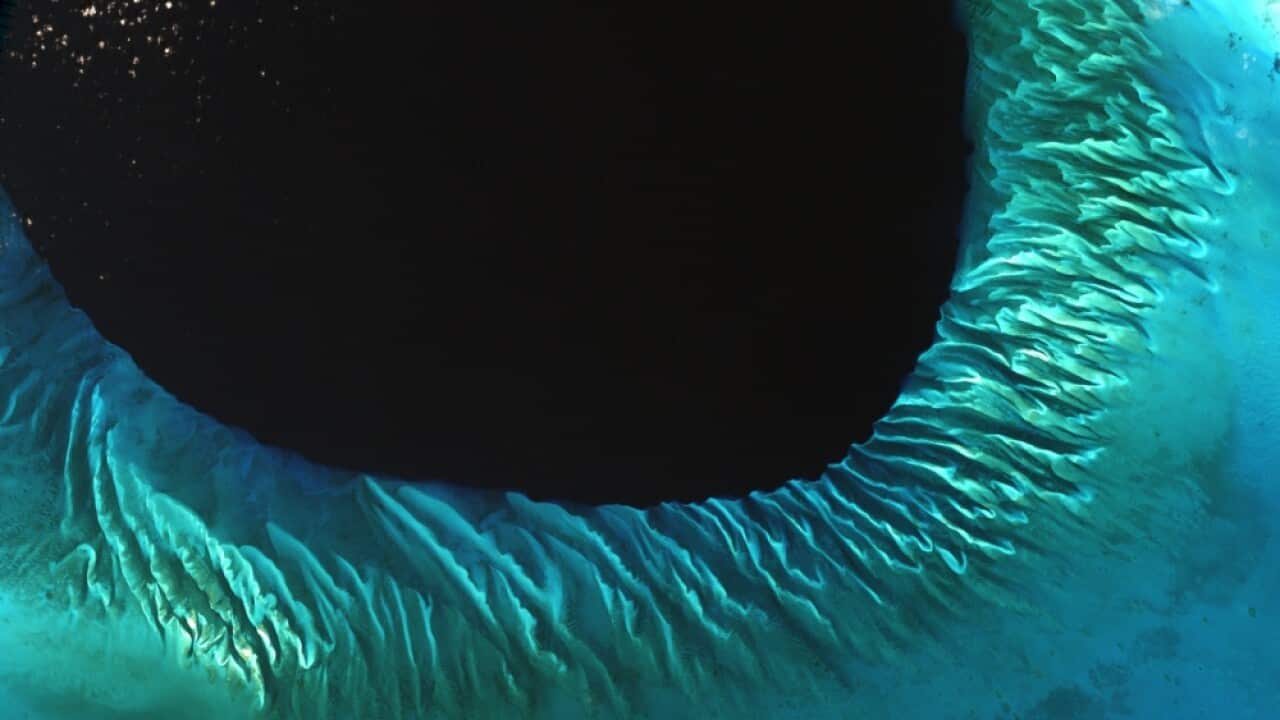 Пясъците и морските водорасли на Бахамските острови. Изображение, направено от Enhanced Thematic Mapper плюс (ЕТМ+) инструмент на борда на спътника Landsat 7.