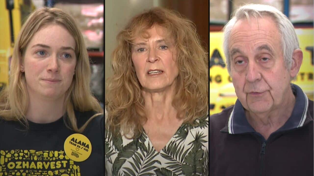 Left to right_OzHarvest Alana Roberts, Anglicare Australia's Kasy Chambers and Father Bob Maguire Foundation's Graham Collier_SBS.jpg
