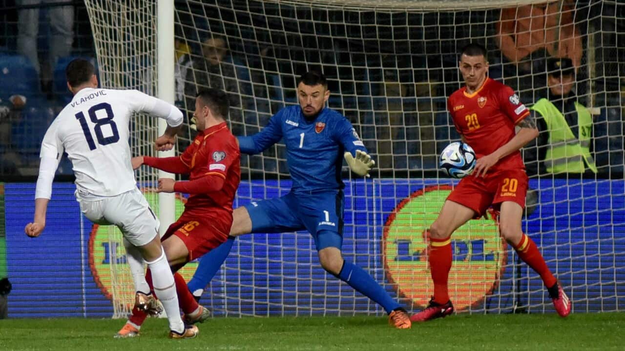 Serbia’s Dusan Vlahovic scores the 0-2 goal during the UEFA EURO 2024 qualification match between Montenegro and Serbia in Podgorica