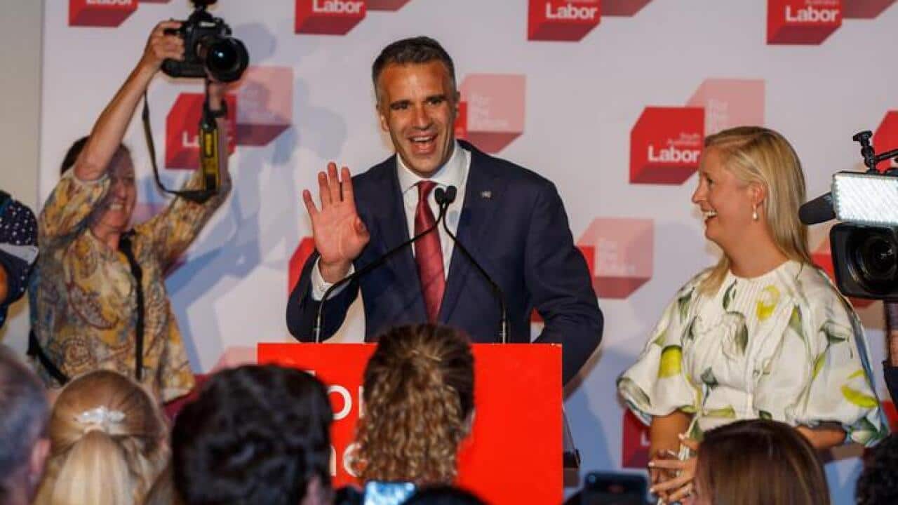 Peter Malinauskas and his wife Annabel SA Labor Leader celebrates victory for Labor during the 2022 State Election at Adelaide Oval in Adelaide, Saturday, March 19, 2022. (AAP Image/Matt Turner) NO ARCHIVING