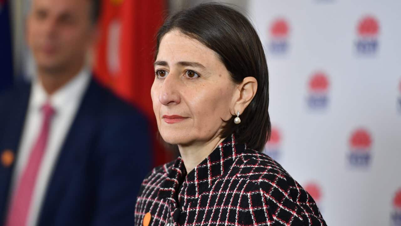 NSW Premier Gladys Berejiklian and Minister for Transport Andrew Constance brief the media on the COVID-19 pandemic and easing of restrictions during a press conference in Sydney, Monday, May 18 2020. (AAP Image/Dean Lewins) NO ARCHIVING