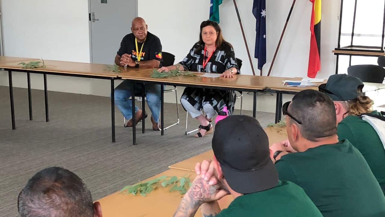 Uncle Bobby Nicholls and Vic Treaty Advancement Commissioner, Jill Gallagher consulting with men in Dhurringile Prison.