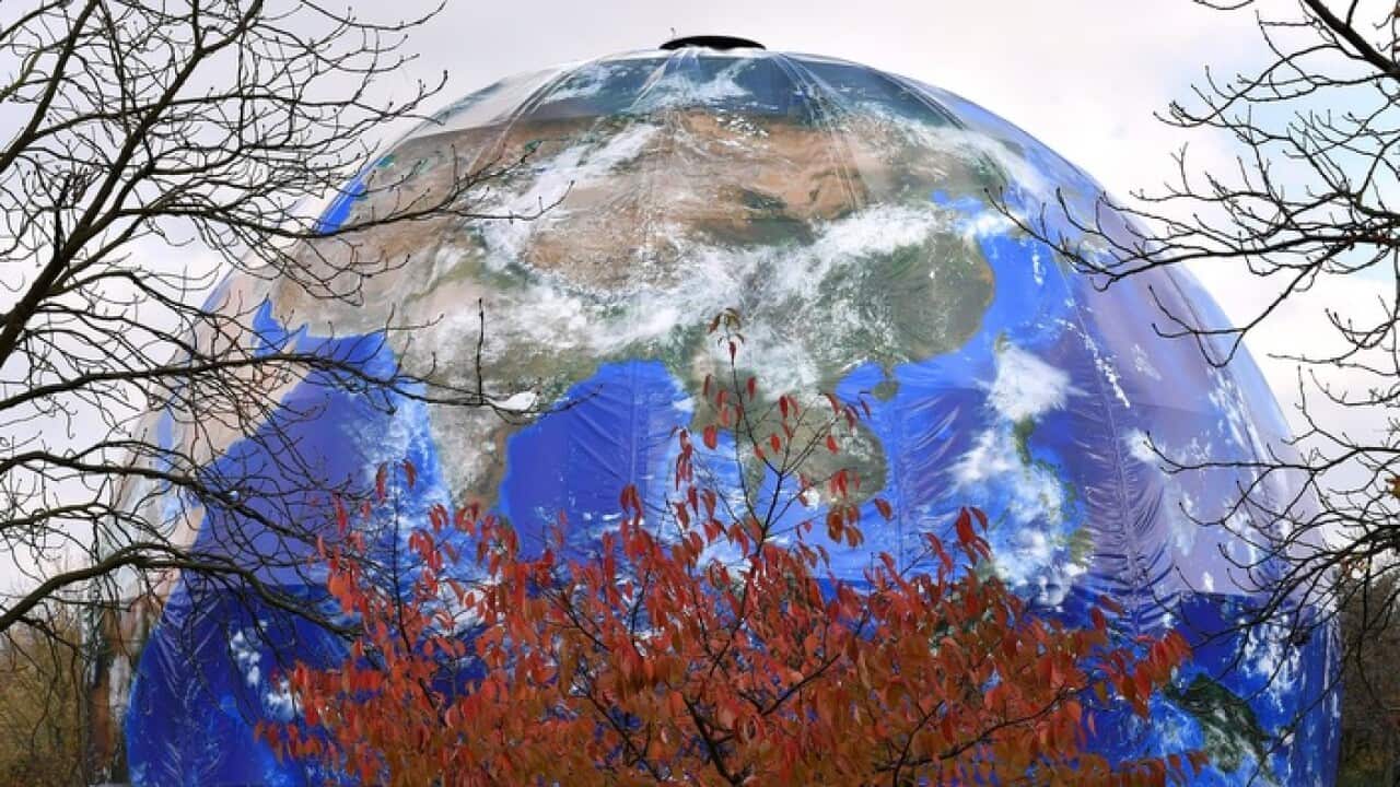 A huge globe at the site which will host the United Nations Climate Change Conference in Bonn, Germany