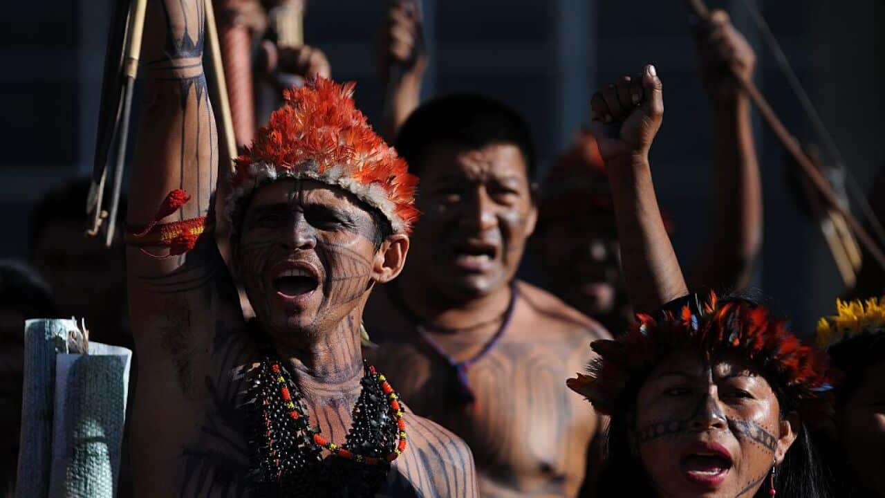 File image of a Sawre Muybu Munduruku tribe protest (2016) to demand their land demarcation and cancel a hydroelectric plant construction on the Tapajos River.