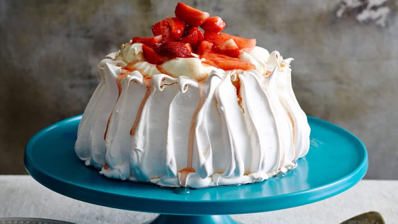 Pavolva with vanilla yoghurt, watermelon and strawberries