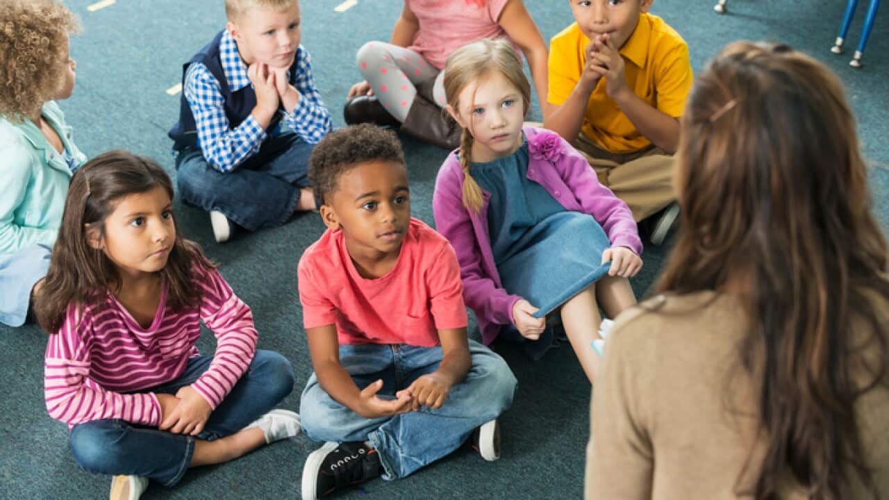 Kindergarten students listening to teacher