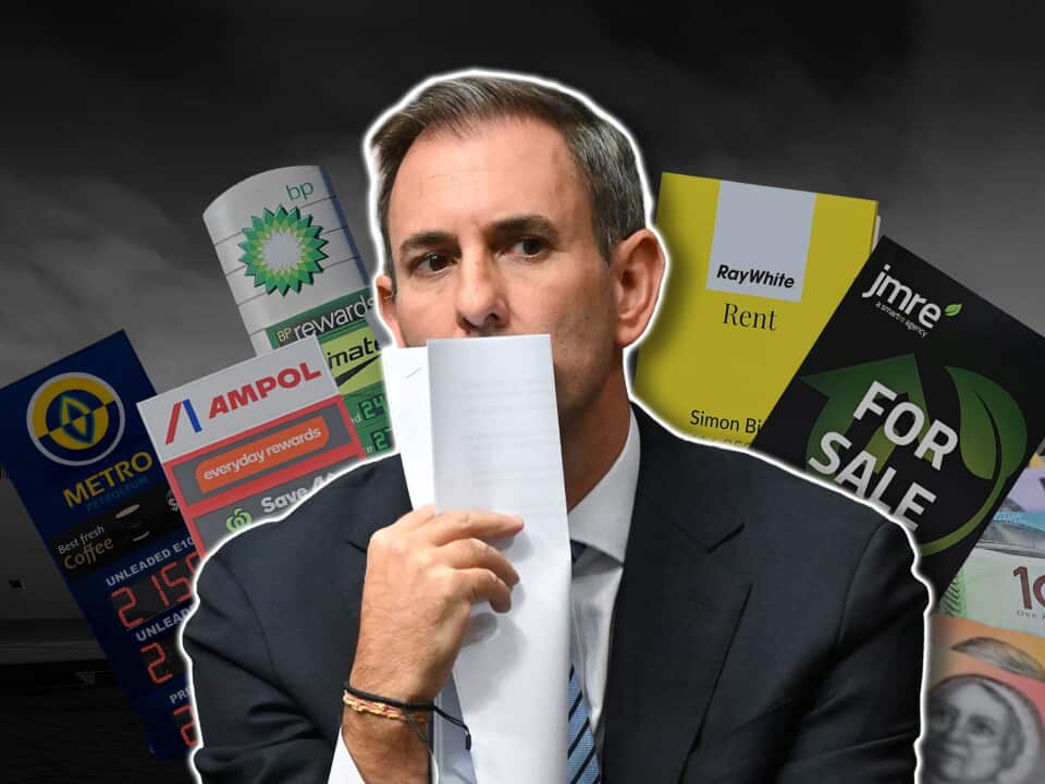 A composite image of a man holding some documents over his mouth with Australian dollar notes, a few petrol station signs and parliament house see in the background
