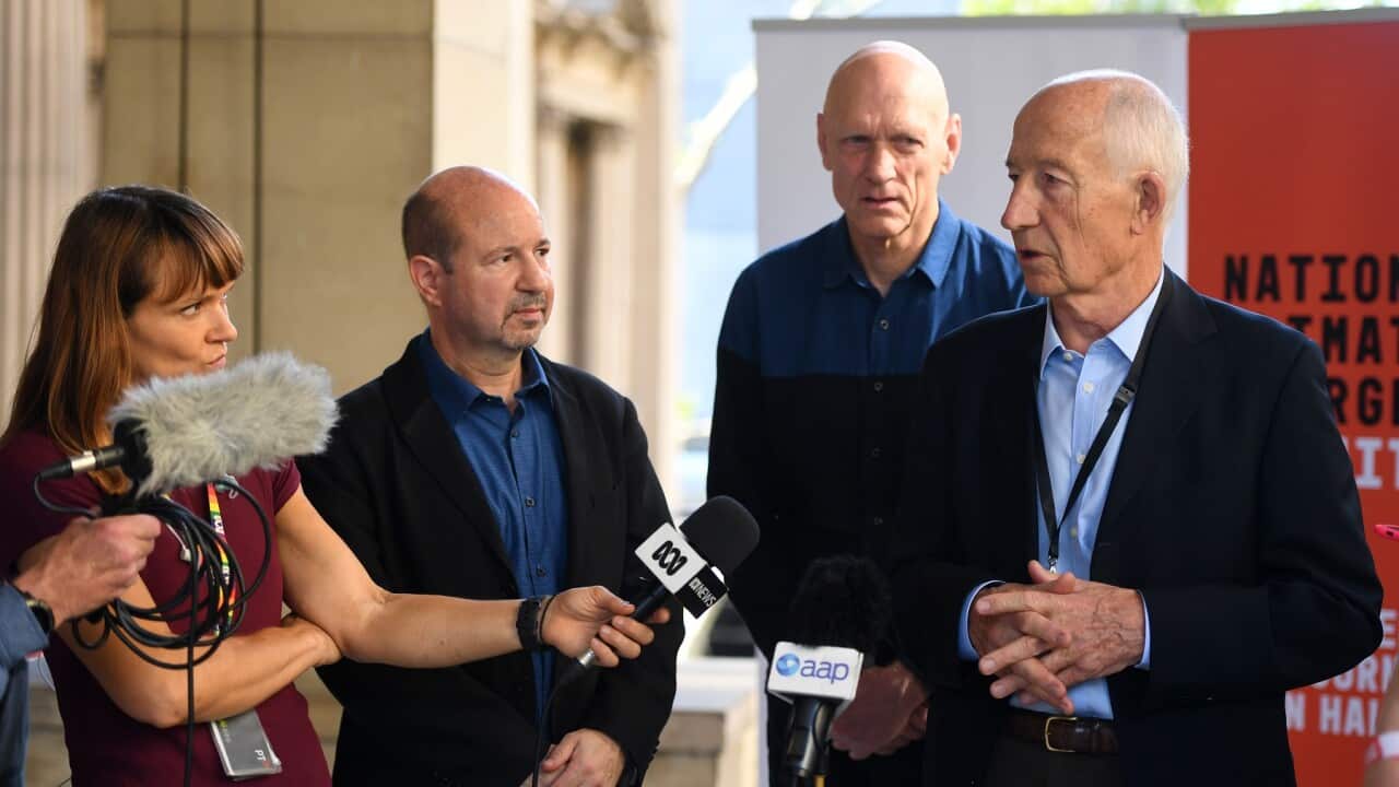 Former chair of the Australian Coal Association Ian Dunlop (right) speaks to media during a press conference prior to the Climate Emergency Summit.
