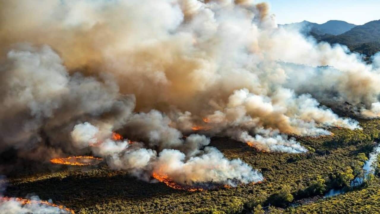 A large bushfire burning in Tasmania.