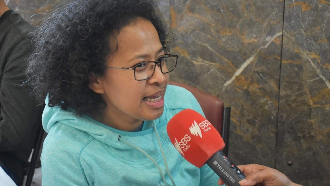 Viona (Mailuhu) Powell talking to SBS Indonesian at 2019 PERWIRA Food & Tarde Festival at Box Hill Town Hall, Melbourne, 26 Oct.