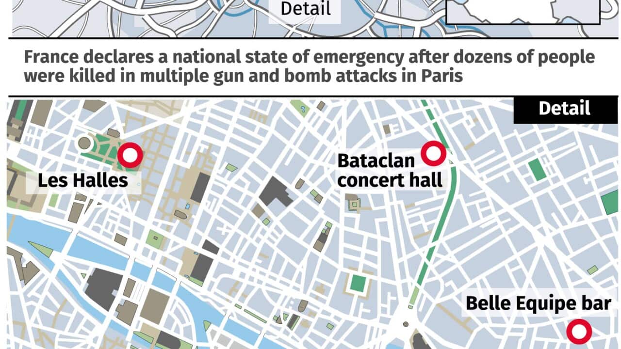 The locations of the Paris attacks shown on a map